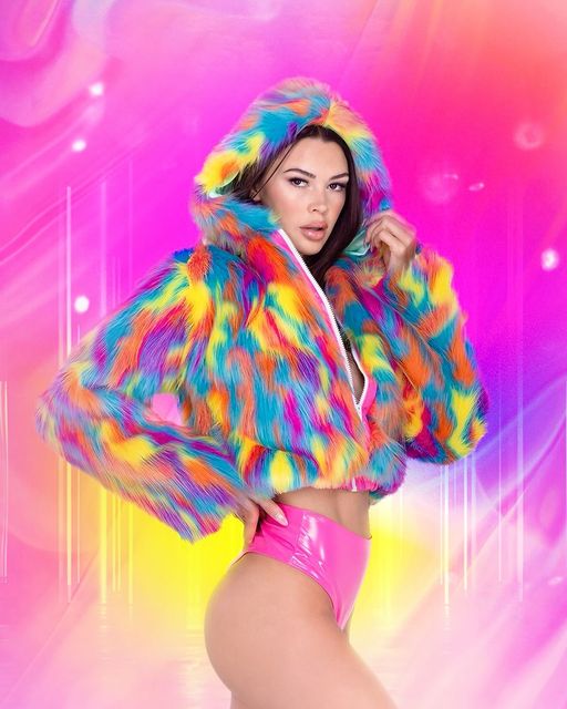 CROPPED HOODED FUR JACKET - MELTED CRAYON - Y R U