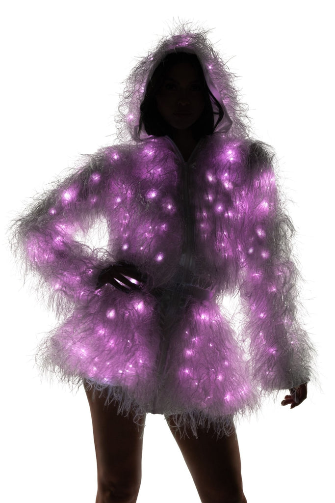 LIGHT - UP LUREX SHAG HOODED CROPPED JACKET - PINK LIGHTS - Y R U