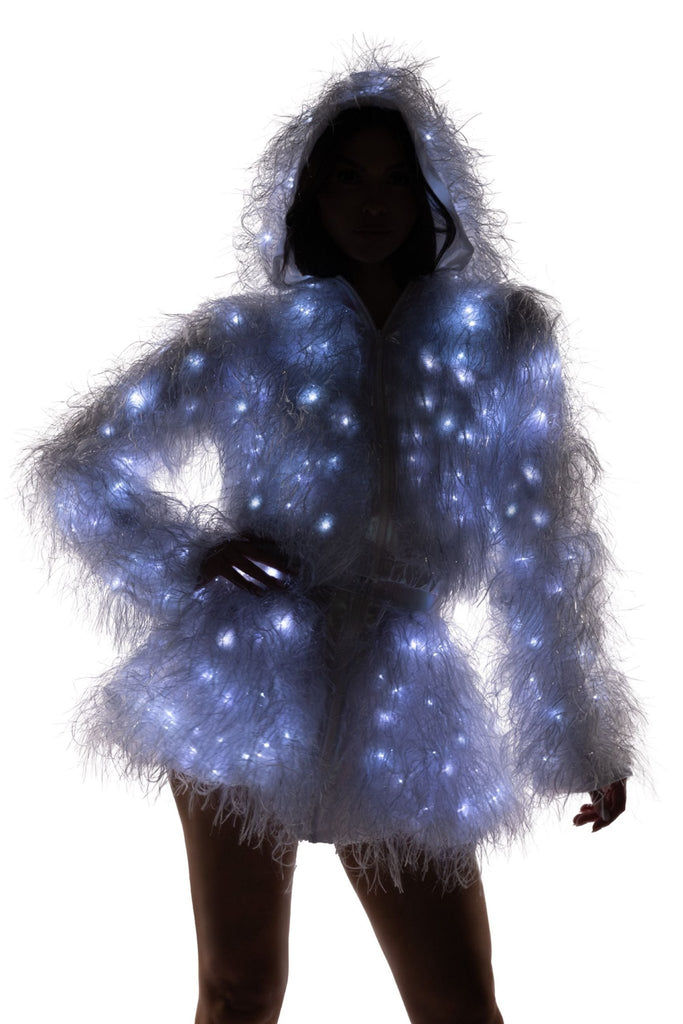 LIGHT - UP LUREX SHAG HOODED CROPPED JACKET - WHITE LIGHTS - Y R U