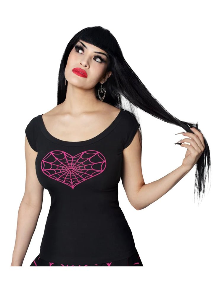 SPIDER WEB HEART SHOULDER TOP - BLACK/PINK